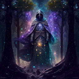 The Muslim commander in a battle dress made of galaxies and stars with a glove that has seven endless stones with a powerful army behind him A forest with dense trees in space between galaxies