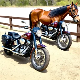 a harley davidson pan america 1250 motorcycle, next to a Indian Springfield Dark Horse motorcycle. next to a horse who's facing away and tied by the reins to a wood railing. white background. dirt ground. silkscreen style image