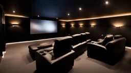 black themed home cinema room, recliners, ambient lighting, warm environment