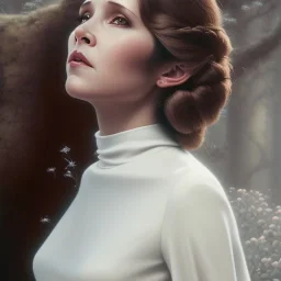 extremely detailed 8k hyperspace wallpaper, carrie fisher, brown eyes, minimal updo hair, professional majestic oil painting by Ed Blinkey, Atey Ghailan, by Jeremy Mann, Greg Manchess, Antonio Moro, trending on ArtStation, Intricate, High Detail, Sharp focus, dramatic, by greg rutkowski, realism, beautiful and detailed lighting, shadows, by Jeremy Lipking, by Antonio J. Manzanedo,