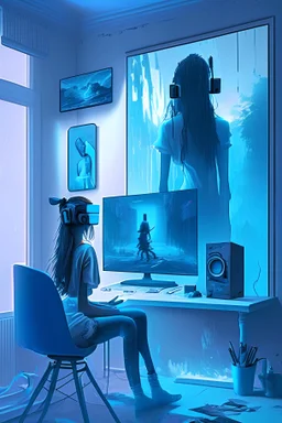 Metaverse artist 3d character seating in front of computer and make something on their screen wear VR Box a blue fog volume light coming from side window realistic interior with lot of technology gadgets some painting and poster on wall and one virtual girl on screen who Chait with the artist 3d character.