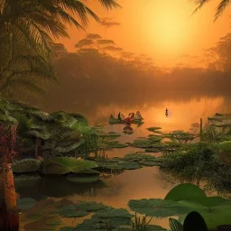 highly detailed indian lake with lotus landscape with jungle, sunset, illustration, cinematic lighting, 4k, 8k, octane render, digital concept art, trending on artstation, pinterest, extremely detailed, ambient lighting.