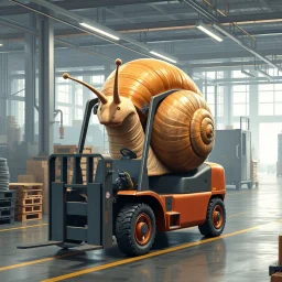 A giant snail in a factory driving around in a forklift, and are in the way for every worker