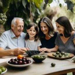 A happy family sitting around a table with black and green olives in a natural setting