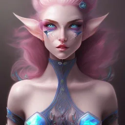 An elf with crystal blue eyes and magenta hair, white complexion, teardrop eyebrows, woman, angry expression