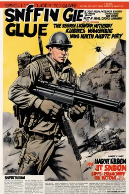 SNIFFIN’ GLUE magazine illustration cover by Harvey Kurtzman: special issue #42 on sniper action and weaponry. guest star: Sergeant JT Sanborn, The Hurt Locker.