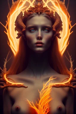 portrait photography of an ethereal beautiful animal goddess, Fire theme art, Dark moody night atmosphere, Portrait of a woman by Michelangelo, 8K, close-up face, anatomically perfect face, oak tree roots, ignore NSFW