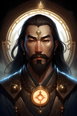 Generate a dungeons and dragons character portrait of the face of a male cleric of peace aasimar that looks like a asian man with scant facial hair blessed by the goddess Selune. He has long black hair and glowing eyes and is surrounded by holy light. He has a crescent moon tatooed on the forehead