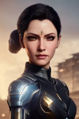 Middle age female Cyborg anime warrior, golden eyes, gray hair with dark blue hair, messy ponytail hairstyle, waist up portrait,4k resolution, intricate details, ornate details, soft lighting, vibrant colors, retroanime, masterpiece, intricate eyeliner, dark eyeshadow, futuristic cityscape background
