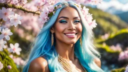 Close-up portrait of a gorgeous smiling skinny polynesian goddess with a golden dark shining skin, long smooth clear turquoise blue white hair, blue eyes, in a sci-fi outfit with luminous strikes blowing a kiss in a hill of flowers with sakura trees, a small torrent, loads of mini flowers, moss, sun rays through the branches, particles in the air at spring