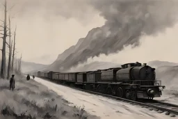 The illustration for the book, called "The Road", feature two tramps, a long old freight train, around 1920.