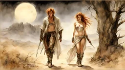 Hyper-photorealistic watercolor art style by Luis Royo , ginger-haired woman with natural skin tones, hyperdetailed face, full body diagonal shot, encounters male bandits in dark fantasy countryside setting, absence of mysterious elements, dramatic lighting, ultrafine detail, octane rendering., by