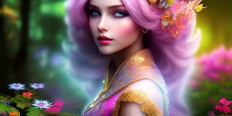 bright fairy, beautiful portrait, flowery landscape