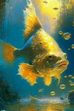cartoon Lagging fish with pixels, , digital art, beautiful, golden hour, sharp focus, ultra detailed, astral, magic, surreal, by Andon Harav, Ivan Shishkin, John Berkey, masterpiece, award winning painting, renowned artists,