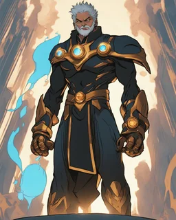 A 25 years boy persian in matte black robes with flaming eyes with grin with flaming light blue pupils stands atop a squire Two infinity gauntlets contain six infinity stones, one of which is made with nano In the hands of a powerful man walking While standing on a majestic height from afar With two big wings