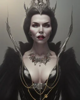 old evil queen in black leather gown, femme fatale, volouptous, busty, cleavage, angry, emperious, 8k resolution concept art portrait by Greg Rutkowski,