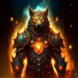 A terrible creature with a wolf's head and a human body,A shield made of fire and magic and the galaxy