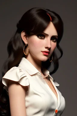 young business woman, brown hair, dark orange eyes, hoop earrings, red blouse, elegant, dark eyeshadow, black eyeliner, high arch angular eyebrows, head and shoulders portrait, 8k resolution, WLOP, Alphonse Mucha dynamic lighting, hyperdetailed, intricately detailed, retroanime