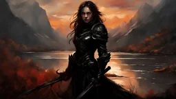 A formidable warrior girl in black armor, on the background Amazing gloomy landscape, flooded with sunset, mountains, trees, fabulous scary hero, , juicy emotions, painting, dark fantasy, gloomy day, dark world, portrait, by Alyssa Monks & Raymond Swanland & James Paick & Anna Razumovskaya