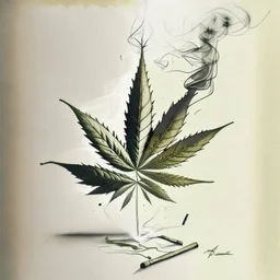 Sketch a balanced composition where a crushed weed leaf and a lit cigarette are positioned at opposite corners of the canvas, with smoke trails intertwining and converging towards the center, symbolizing the duality of addiction and recovery.