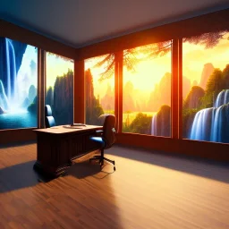 old wood sober house, large desk, parquet, sheet of paper, little pen, office chair in front of a huge picture window with large view on a waterfall with warm light, sunset ,photorealistic, detailed, panorama, nature, globe, 8K, Hallelujah mountains, view first person