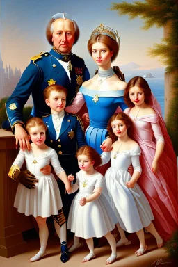 A family painting of a beautiful modern European family with two parents and five kids, photo - realistic