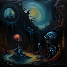 Surreal art, childhood deep fear of being alone, abstract anthropomorphic paradox midnight, weirdcore, dark oil painting