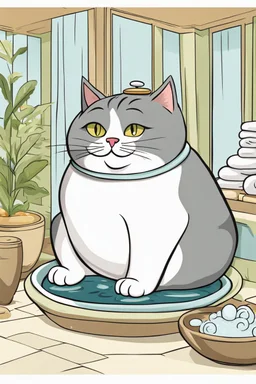 A fat palace cat etting pampered in a spa, cartoon, funny