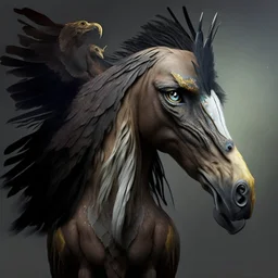 A creature with a combination of an eagle's head and a horse's body,A creature with a combination of eagle and human head