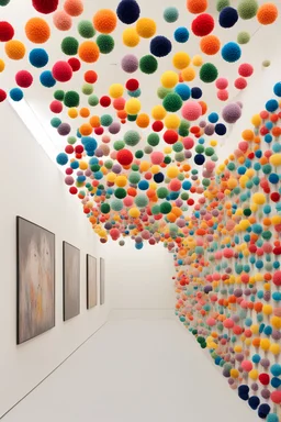 art exhibition displaying small pompoms in a whimsical ambience