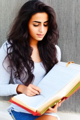 Pencil sketch of Young woman, Arab features,sad, long wavy hair, reading a book, full body، on lined paper