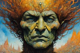 highly detailed ink oil portrait painting of an ancient alien wander , in the impressionist style of Childe Hassam, mixed with art nouveau, abstract impressionism, the surrealism of Yves Tanguy, and the comic art style of Jean-Giraud Moebius, precise and sharply defined facial features and skin textures, in subdued autumnal colors