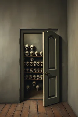 Bosch painting style nightmare, a wall with An open big door behind the door are shelf’s full of human skulls