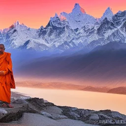 indian monk in himalaya at sunset