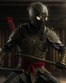 Hyper realistic spiderman ancient samurai style, use samurai weapon, intricate ancient armor, ancient background, elegant, grey and black smoke, stunning, render, hyper realistic, octane render, surrounding by lightning smoke effect