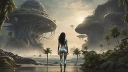 Wide-angle shot of a woman, standing on the right side on an alien beach, with dark hair in a silver robotic catsuit, many floating aliens with long tentacles, alien jungle trees in the distance detailed matte painting, deep colour