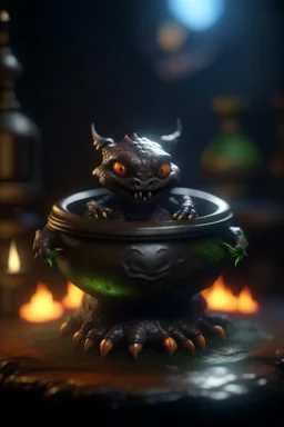 nightmare, cauldron with shining sigil and containing a slightly alien imp furry gremlin in it, prize winning oil painting, ,bokeh like f/0.8, tilt-shift lens 8k, high detail, smooth render, down-light, unreal engine