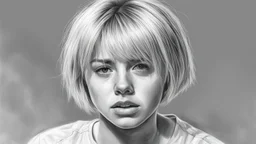 Black and white pencil sketch of 1990s blonde short hairstyle, tears, crying, photorealism, 3d, 64k, high resolution, hyperrealism, f/16, 1/300s.