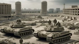 Israeli soldiers and tanks stand on a very large chessboard in the middle of a destroyed city