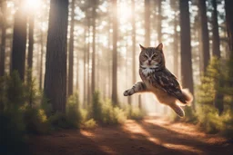 dinamycally jumping antropomorph cat owl in a pine forest in sunshine, ethereal, cinematic postprocessing