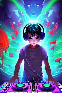 dj rave poster with ocean theme dark anime