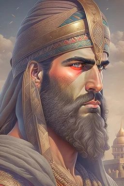 Mesopotamian warrior, expression serious, aura, portrait, background Mesopotamian city, comic style, long beard,
