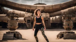 beautiful slender caucasian female technician, black tank top, well toned muscles, weathered face, scratched sand camo metal details, short brunette wavy bob haircut, dystopian, desert scene, jumping from a futuristic tank