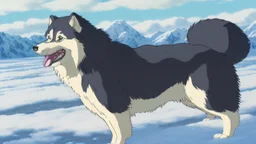 Alaskian Malamute running through the snow, furry style, shamanism, fish