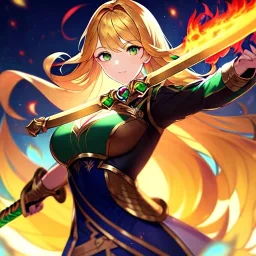 8k, Girl, high quality, detailed, golden hair, green eyes, beautiful lighting, vibrant colors, fire sword