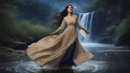 Hyper Realistic Photographic Close View Of A Beautiful Young Pashto Woman With Beautiful Long Black Hair Whirling, Wearing Beautiful Beige Dress With Navy-Blue Embroidery And White Dupatta Happily Standing On River Water & Smiling , In A Jungle Riverside With Beautiful Waterfall From Mountain With Full Moon With Long Grass From Cold Breeze And A Shooting Star Along With Fireflies Around Her At Night Showing Dramatic And Cinematic Ambiance.