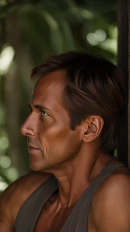 45 year old man with lightly tanned skin. light brown hair , clean shaven. creepy looking