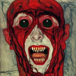 Horror Disfigured bald Vampire,blood big canine teeth with blood,full body, hands with long nails by egon Schiele,