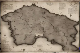 a scan of an ancient printed road map of a fictional place that was black and white and uses a Cree font, but has since been stained and weathered