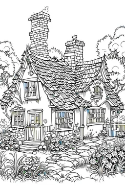 outline art for "Fairytale Cottage": An illustration of a cozy cottage nestled within a fairy garden, complete with a thatched roof and vibrant blooms coloring pages, white background, Sketch style, only use outline, clean line art, white background, no shadows and clear and well outlined
